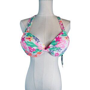 NWT California Waves M Floral Halter Bikini Top Padded Double Tie Back Design
